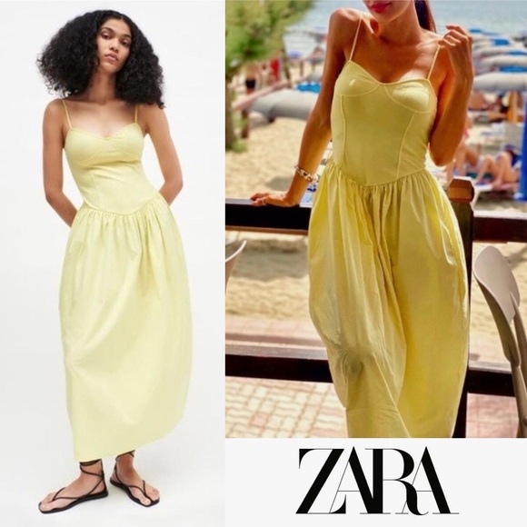 Zara Dresses & Skirts - NWT ZARA Combination Poplin Yellow Maxi Dress Size M 5644/359 Bustier Drop Waist
